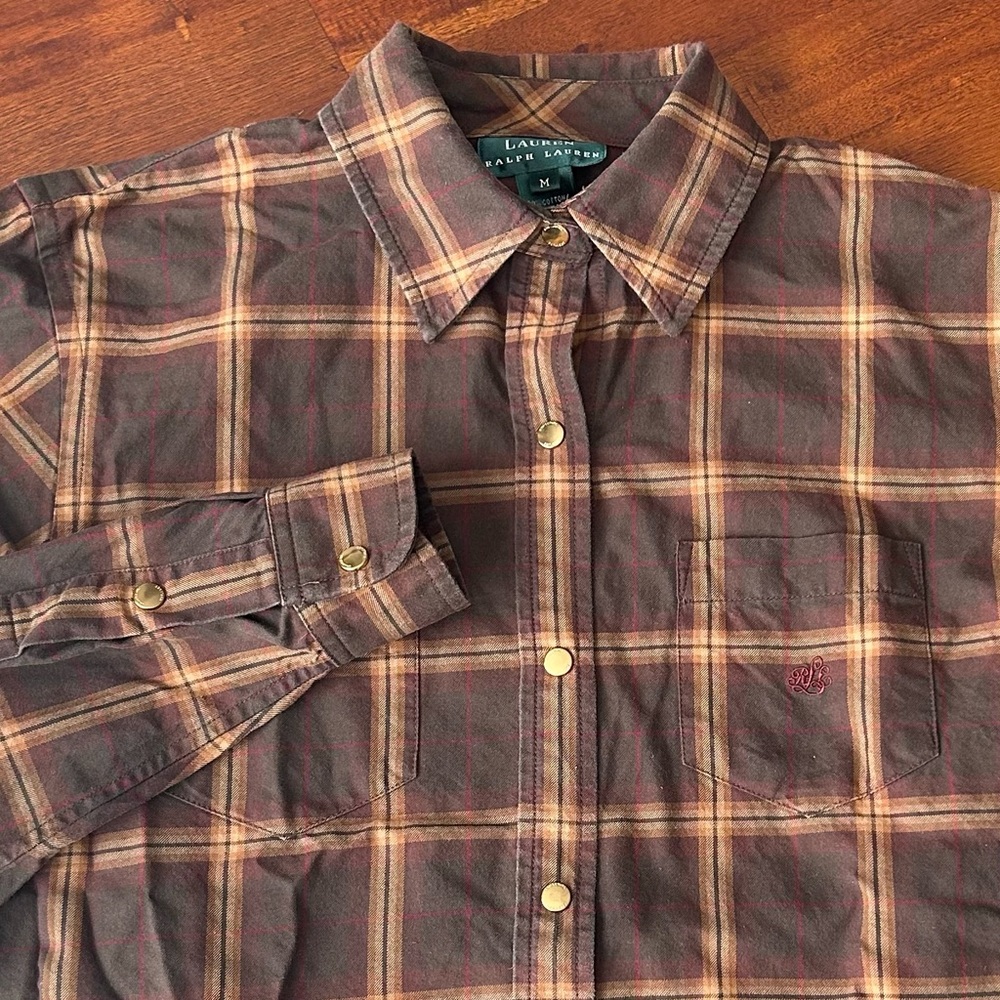 Lauren Ralph Lauren Brown Plaid 100% Cotton Snap Button Riding Long Sleeve Shirt